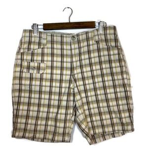 Columbia Women's 12 Plaid Shorts Cotton Flat Front Tan Brown Yellow 0109AL4510